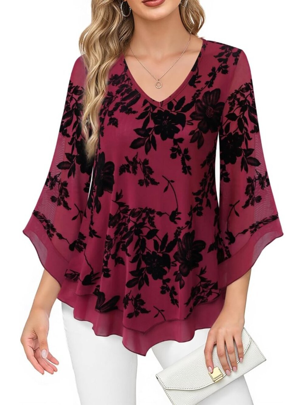 Women's Mesh Shirt Red Double Layer Ruffle 3/4 Flared Sleeve Blouse Tunic Top